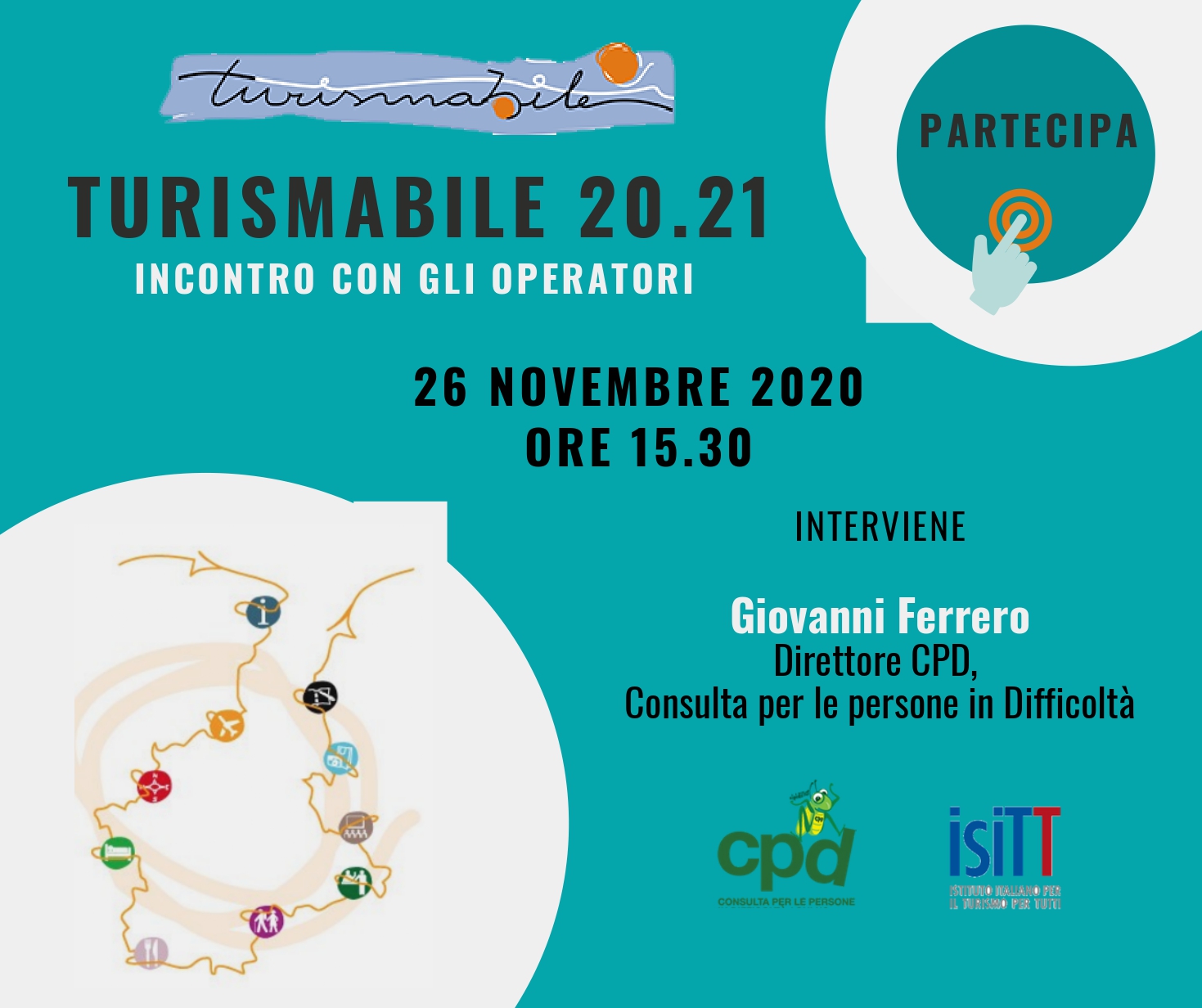 Featured image for “Webinar “Turismabile 20/21 – Incontro con gli operatori” – 26 novembre ore 15.30 ”